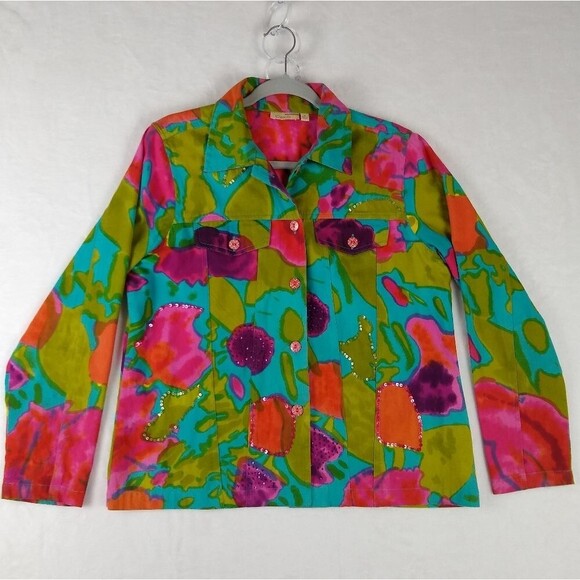 Women's Artistic Watercolor Sequin Cotton Denim Med. Jacket by Choices Statement - Picture 1 of 13